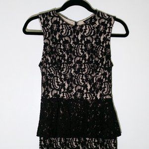 bebe: All Over Black Lace Nude Lining Peplum Dress